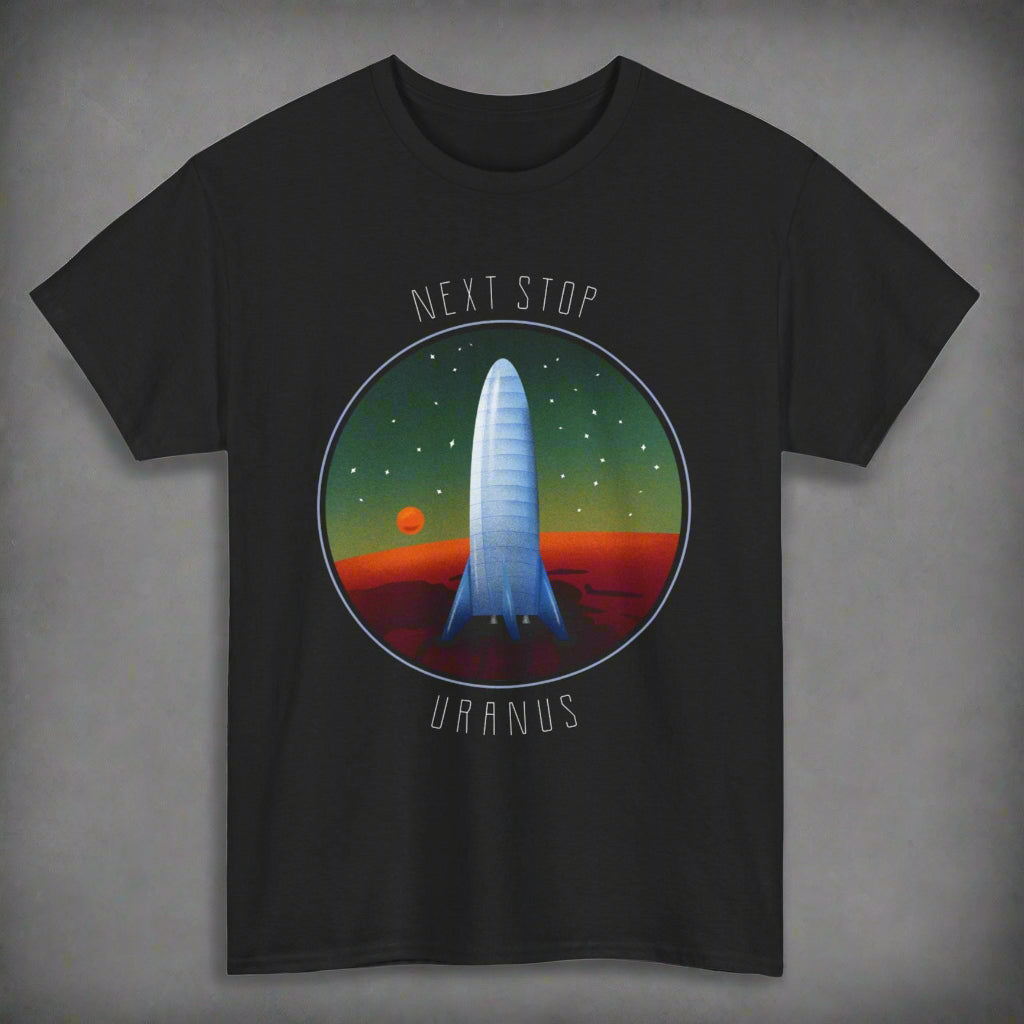 Black t-shirt with space-themed design featuring a spacecraft and 'Next Stop Uranus' text on a white background.