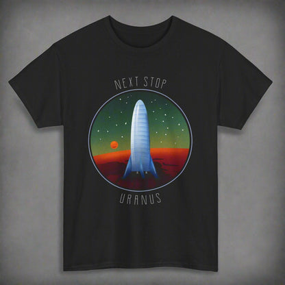 Black t-shirt with space-themed design featuring a spacecraft and 'Next Stop Uranus' text on a white background.