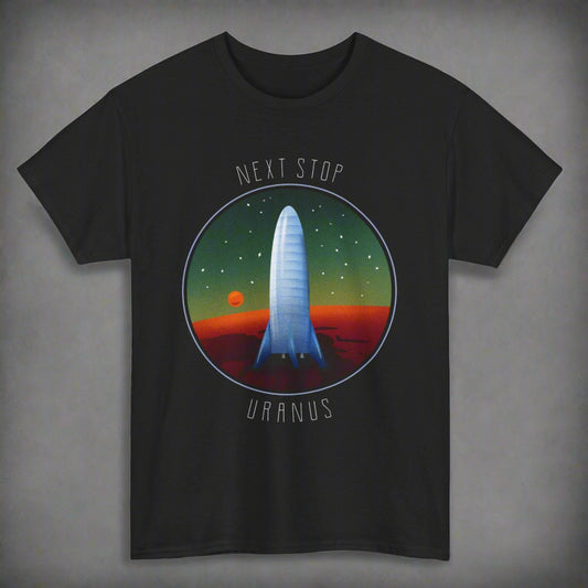 Black t-shirt with space-themed design featuring a spacecraft and 'Next Stop Uranus' text on a white background.