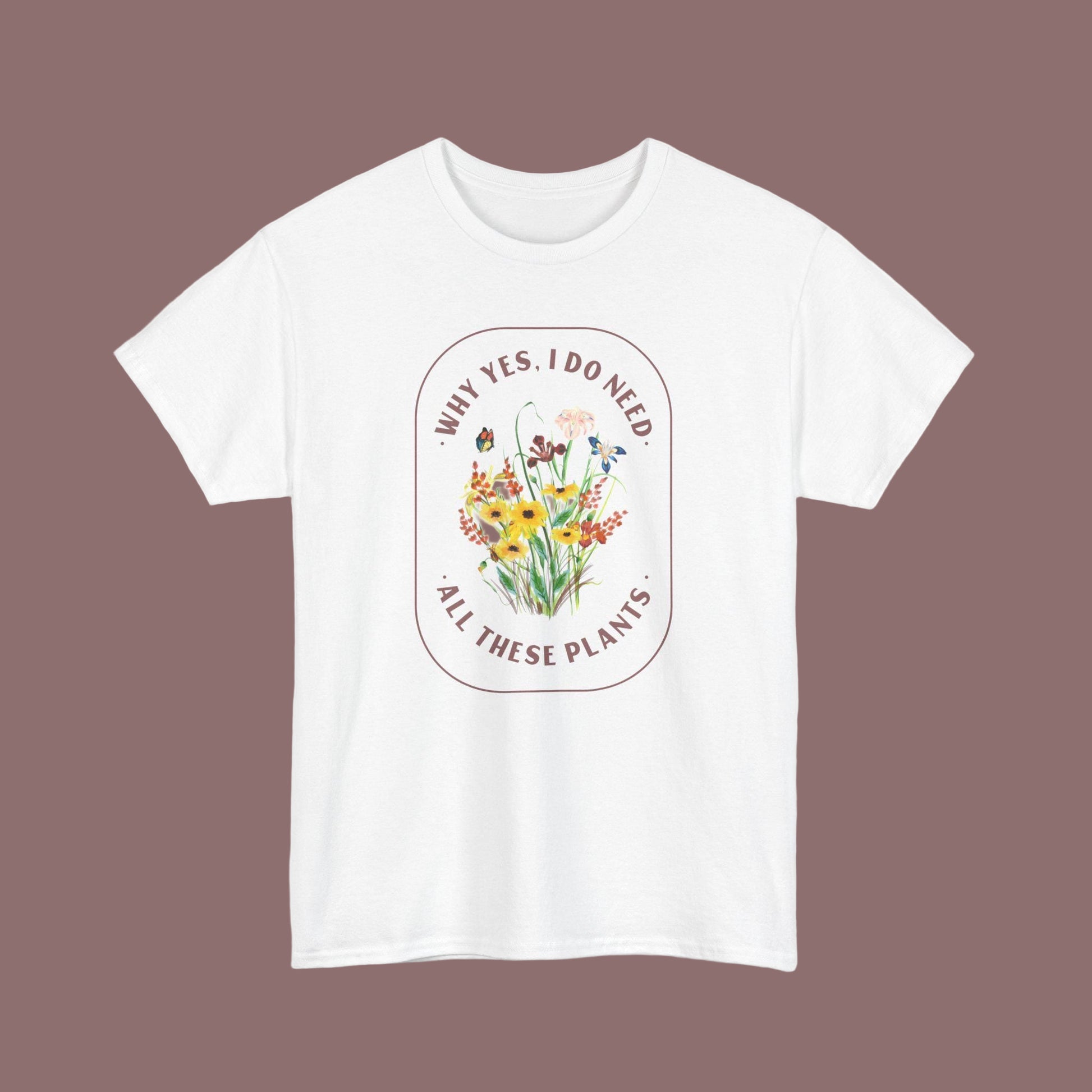White t-shirt with floral graphic and text on a white background