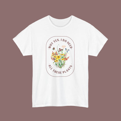 White t-shirt with floral graphic and text on a white background