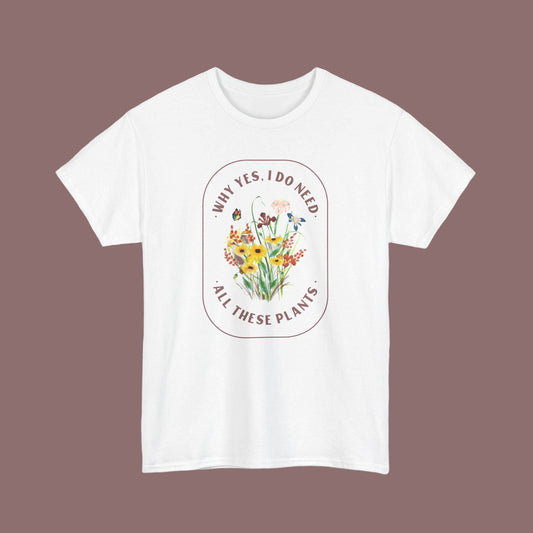 White t-shirt with floral graphic and text on a white background