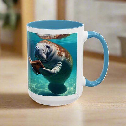 Mug with a manatee reading a book underwater design on a white background