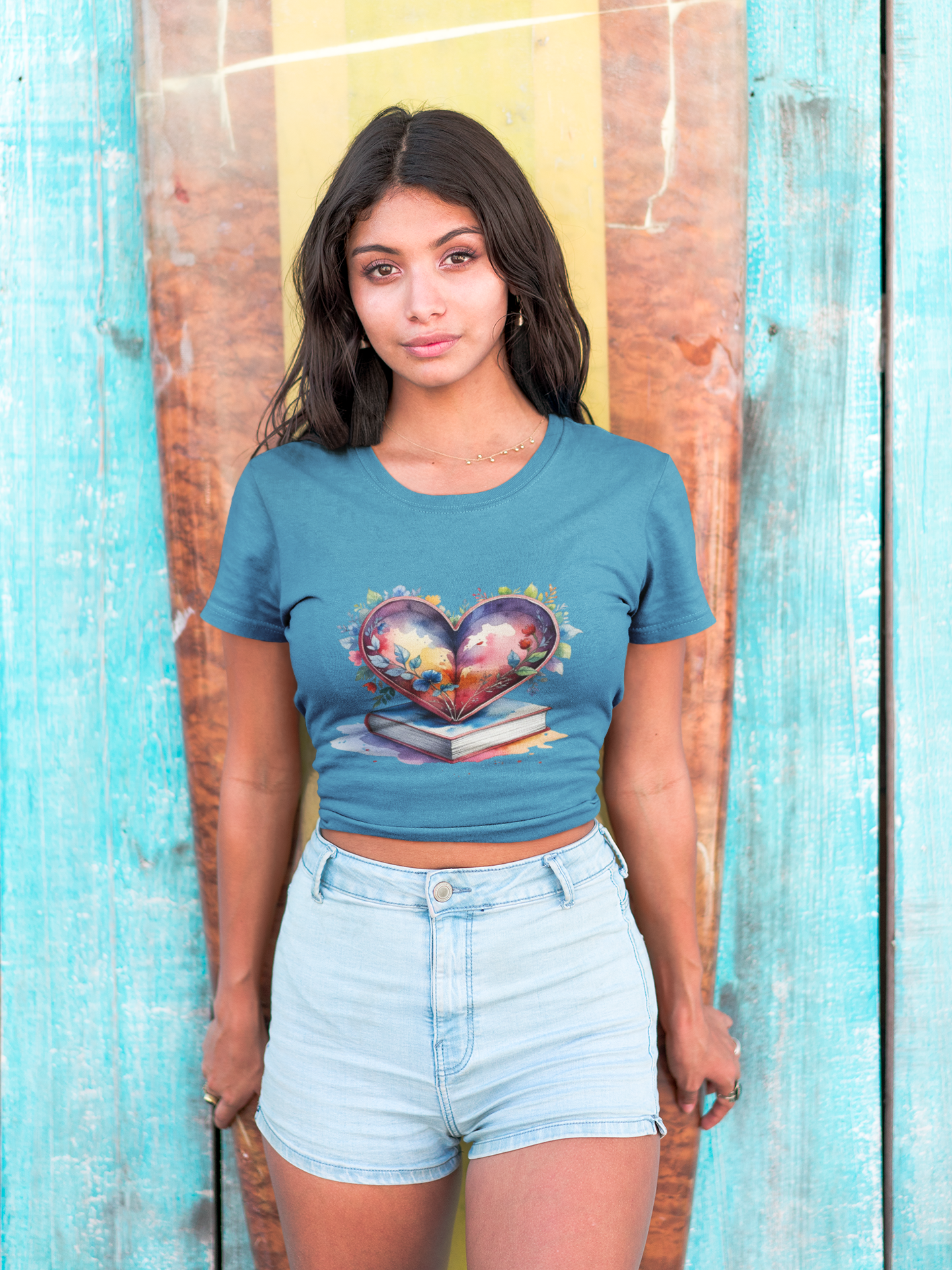 Colorful Floral Book-Love Tee With Watercolor Heart Design