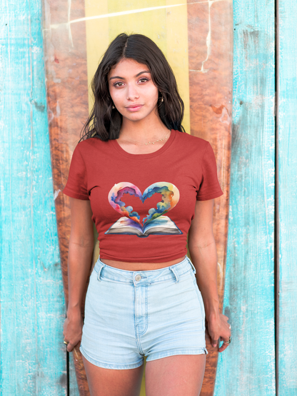Colorful Book-Love Tee in Heart Shaped Watercolors with Space Cloud Vibes