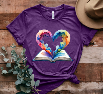 Colorful Book-Love Tee in Heart Shaped Watercolors with Space Cloud Vibes
