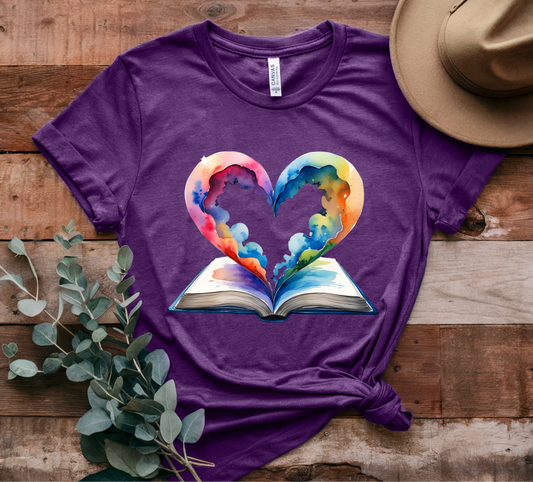 Colorful Book-Love Tee in Heart Shaped Watercolors with Space Cloud Vibes