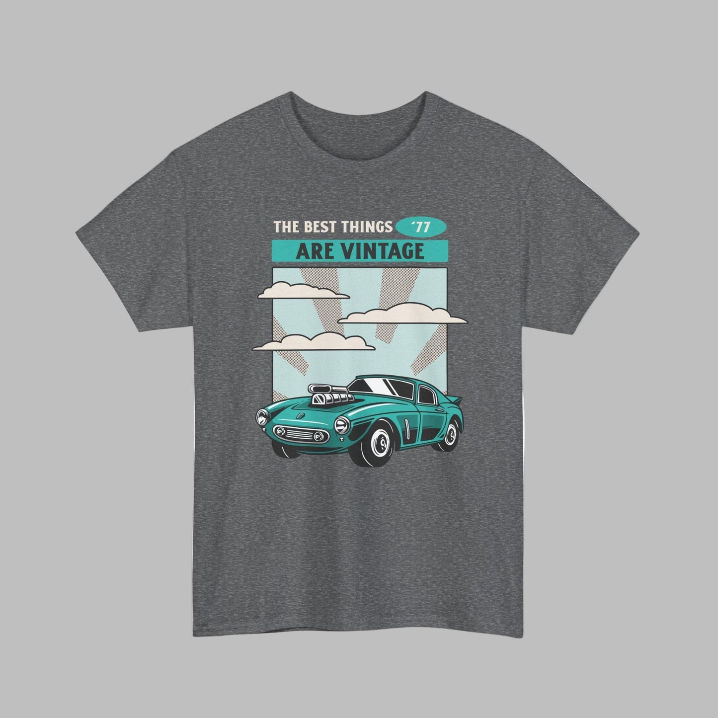 Gray t-shirt with vintage car graphic and text on a white background