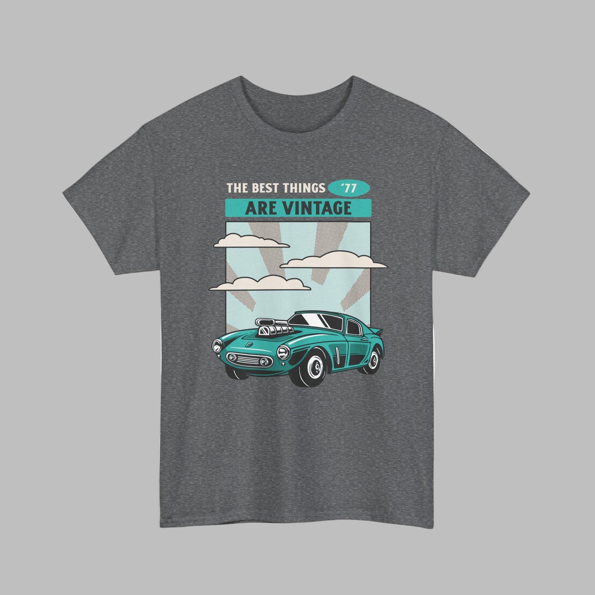 Gray t-shirt with vintage car graphic and text on a white background