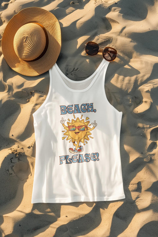 White tank top with sun design and 'Beach, Please!' text on sand with hat and sunglasses.