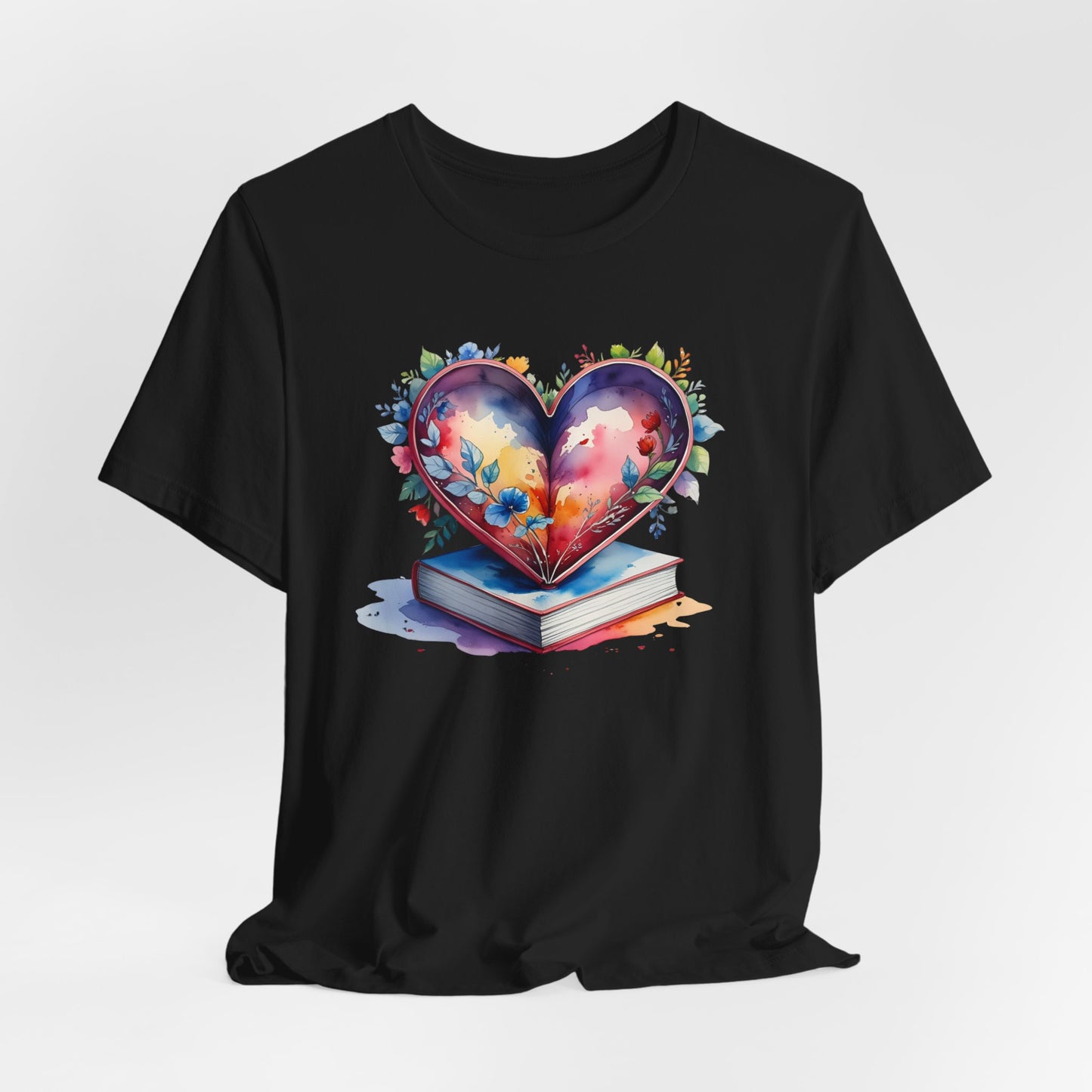 Colorful Floral Book-Love Tee With Watercolor Heart Design