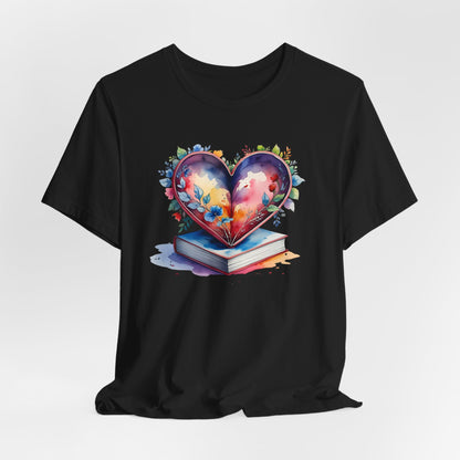 Colorful Floral Book-Love Tee With Watercolor Heart Design