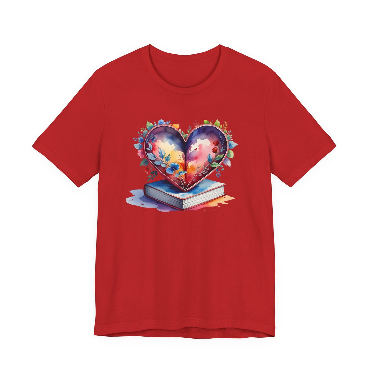 Colorful Floral Book-Love Tee With Watercolor Heart Design