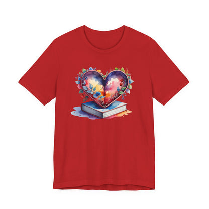 Colorful Floral Book-Love Tee With Watercolor Heart Design
