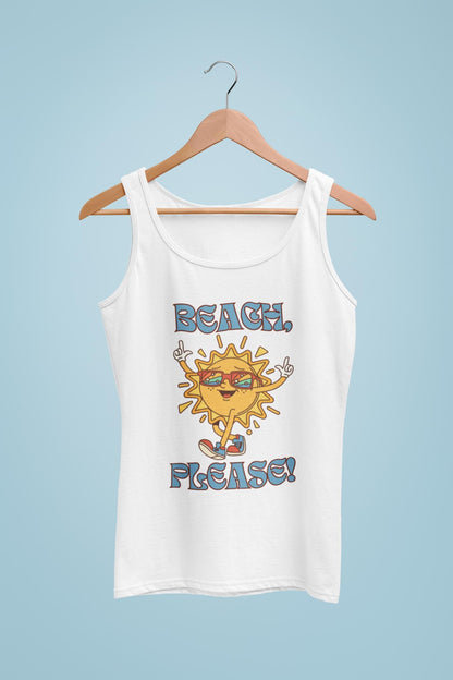 White tank top with a sun graphic and 'Beach Please!' text on a hanger against a light blue background