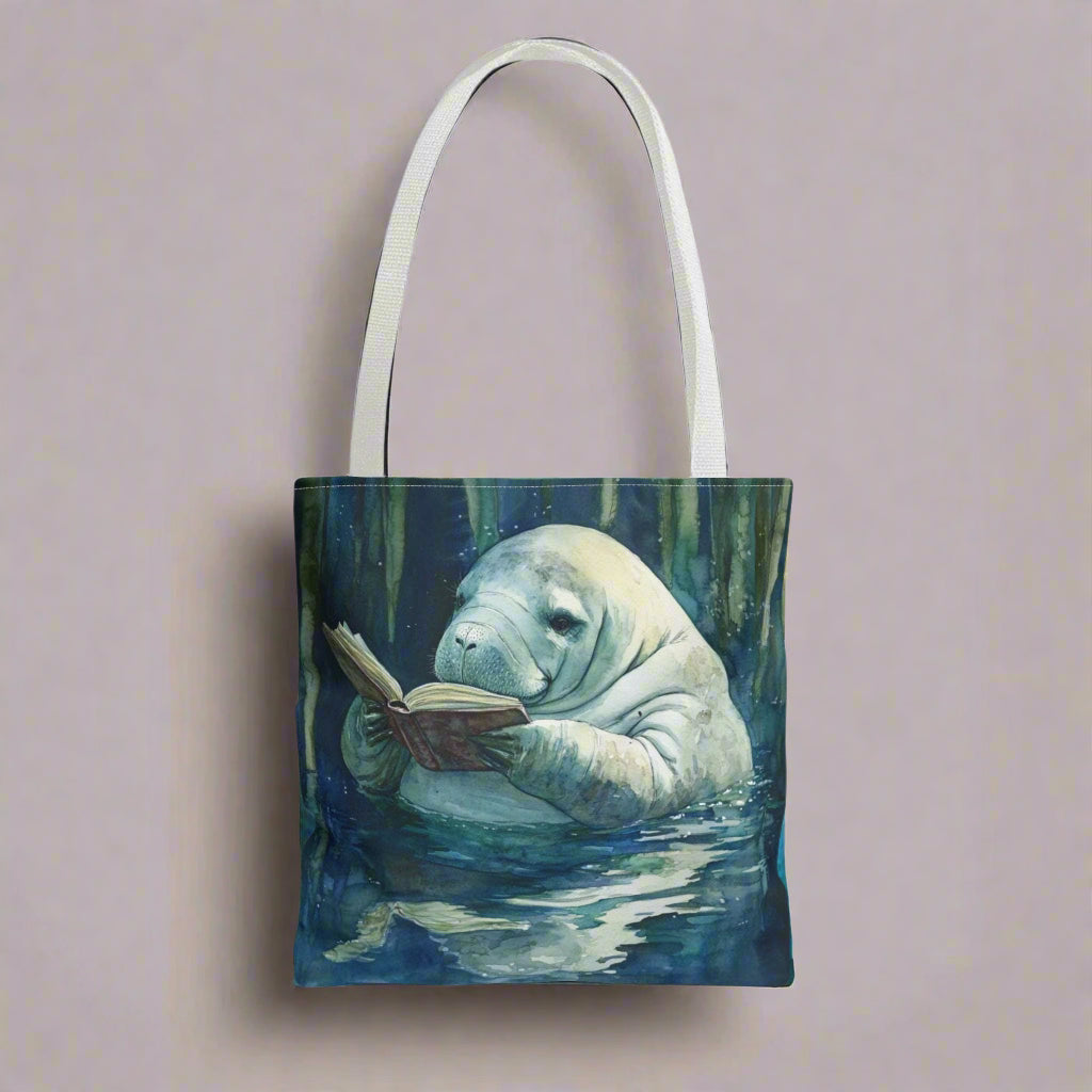 Tote bag with a manatee reading a book design on a white background