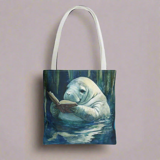 Tote bag with a manatee reading a book design on a white background