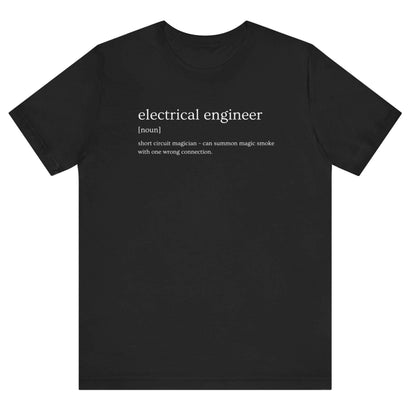 Black t-shirt with 'electrical engineer' definition text on a white background