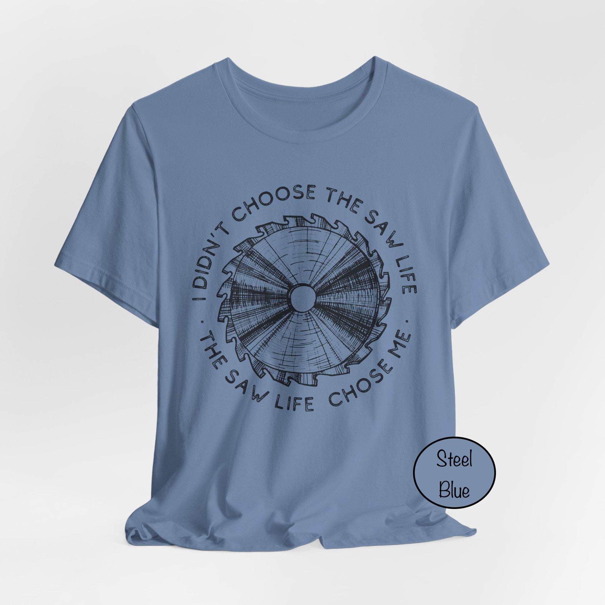 Steel blue t-shirt with graphic design and text on a light gray background
