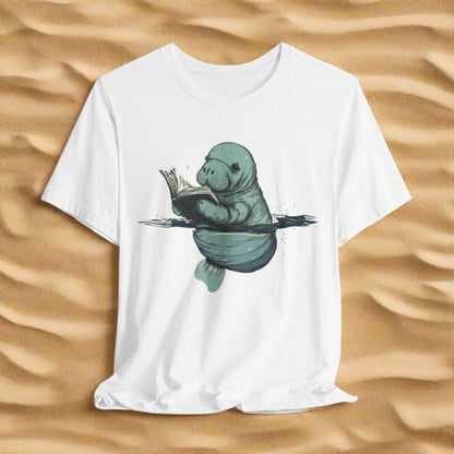 White t-shirt with a graphic of a seal holding a book on a white background