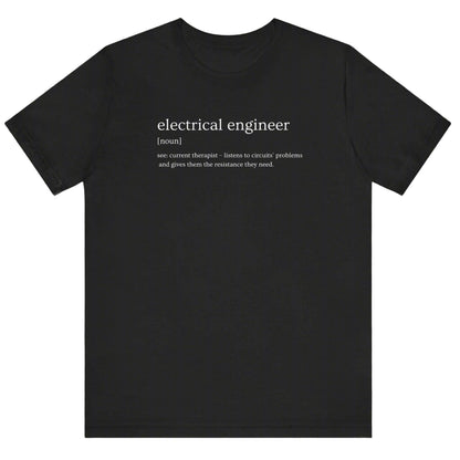Black t-shirt with white text definition of an electrical engineer on a white background