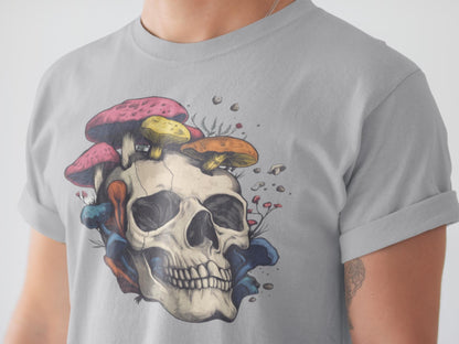 Gray t-shirt with a skull and colorful mushrooms design on a plain background