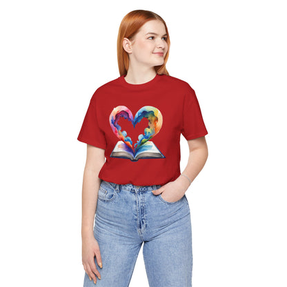 Colorful Book-Love Tee in Heart Shaped Watercolors with Space Cloud Vibes