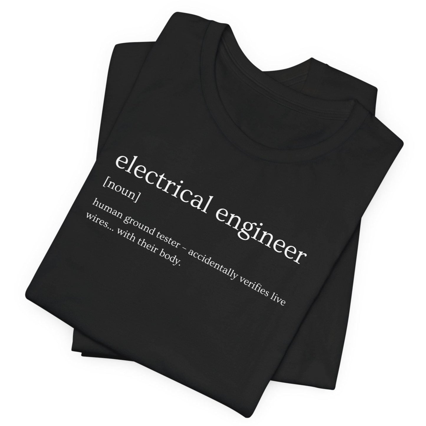 Black t-shirt with 'electrical engineer' definition text on a white background