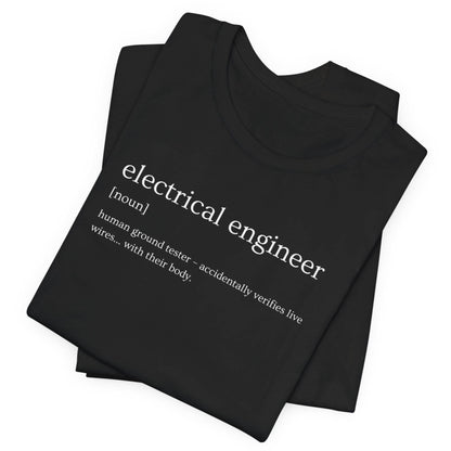 Black t-shirt with 'electrical engineer' definition text on a white background