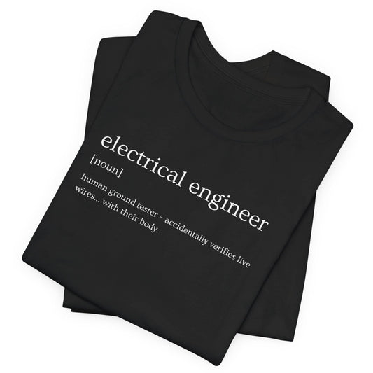 Black t-shirt with 'electrical engineer' definition text on a white background