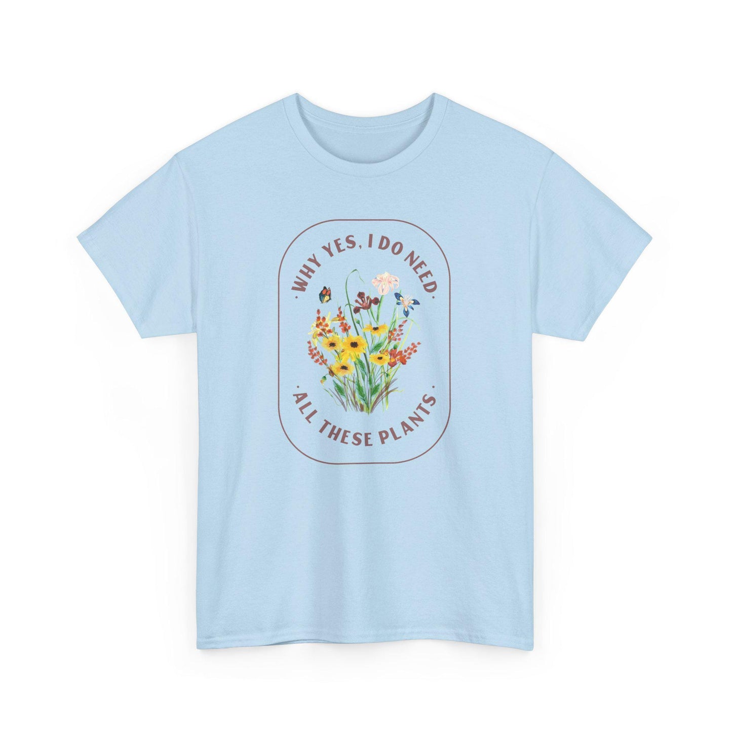 Light blue t-shirt with floral design and text on a white background