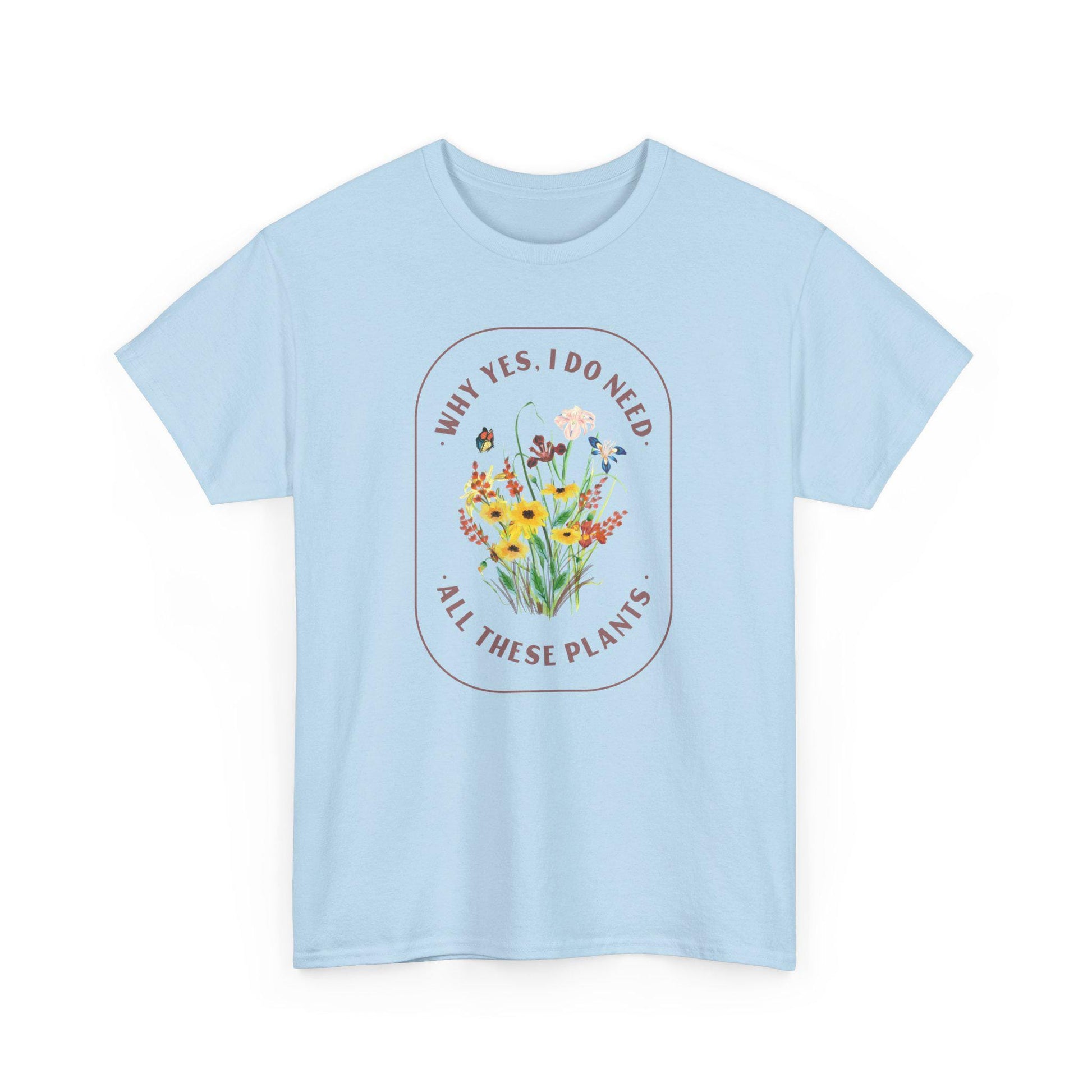 Light blue t-shirt with floral design and text on a white background