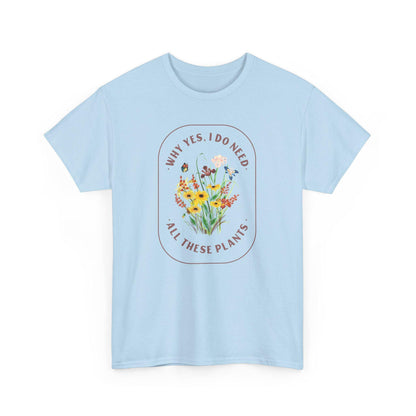 Light blue t-shirt with floral design and text on a white background