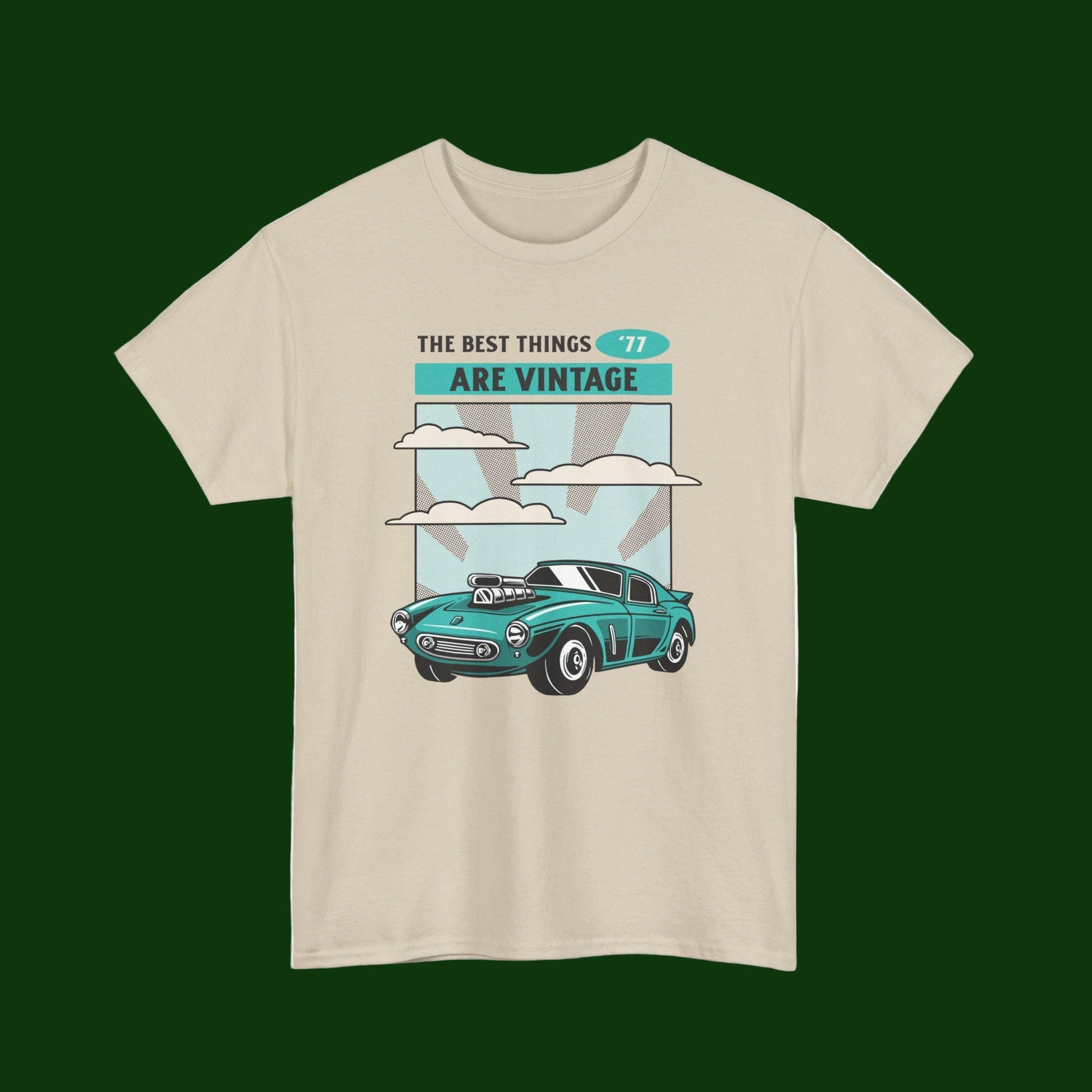 Beige t-shirt with a vintage car graphic and text on a white background