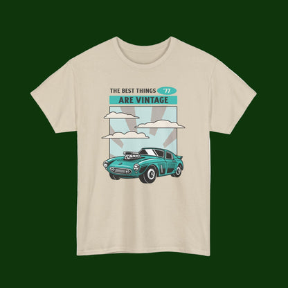 Beige t-shirt with a vintage car graphic and text on a white background