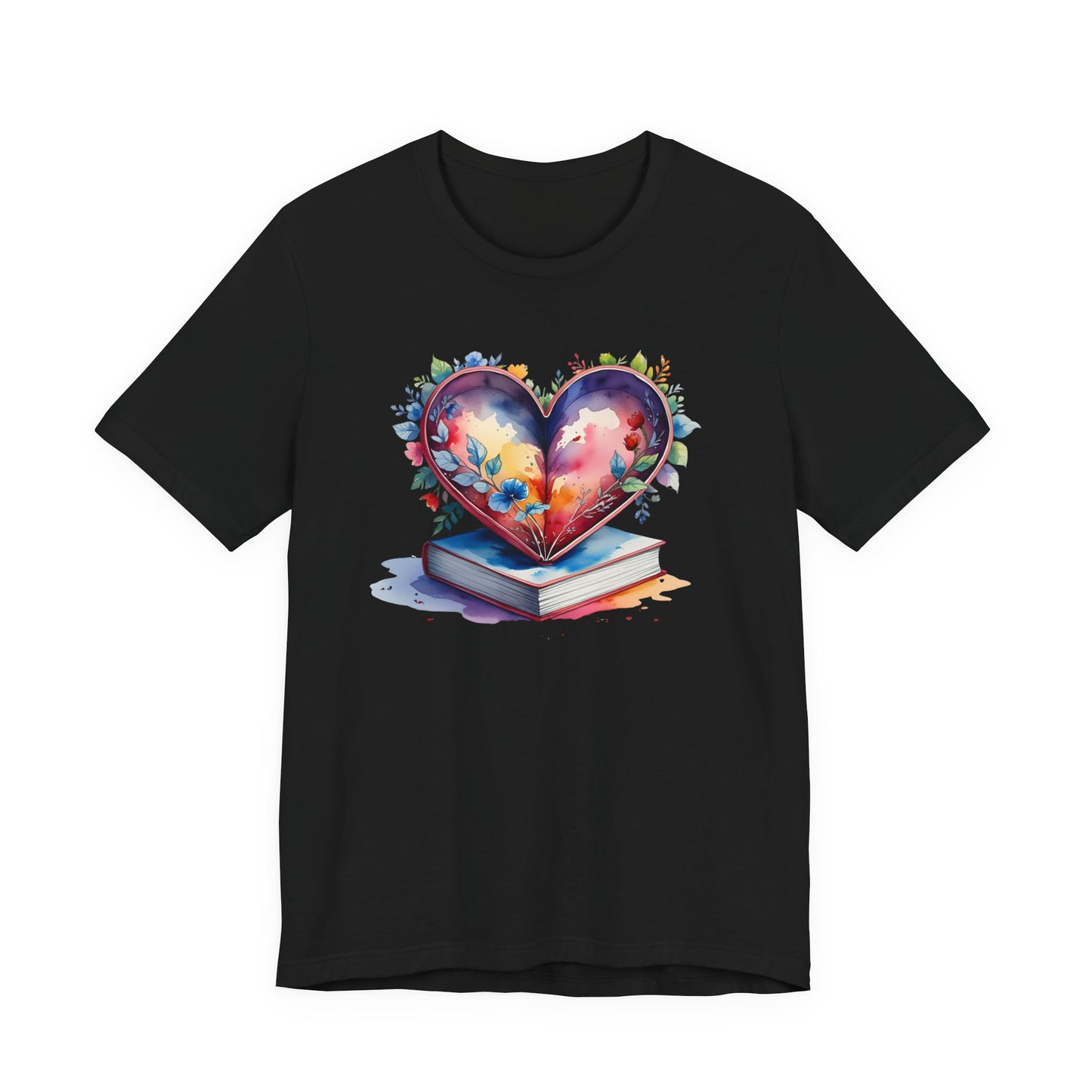 Colorful Floral Book-Love Tee With Watercolor Heart Design