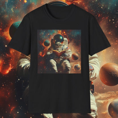 Black t-shirt with an astronaut reading a book in space design against a cosmic background