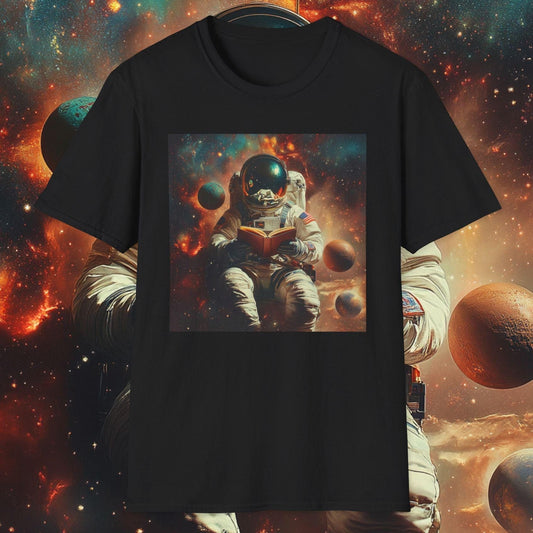 Black t-shirt with an astronaut reading a book in space design against a cosmic background