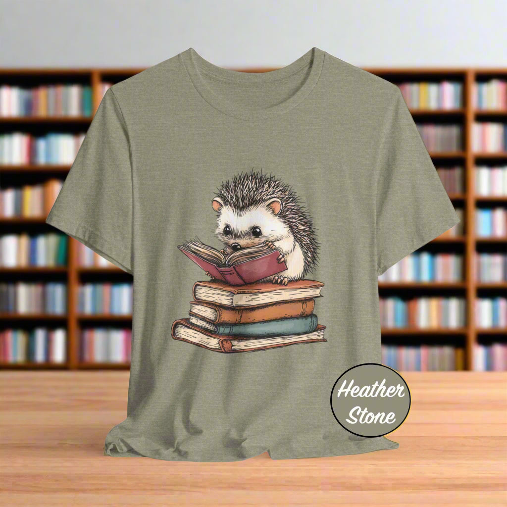 Heather stone t-shirt with a hedgehog reading a book design on a white background