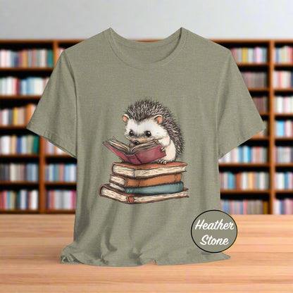 Heather stone t-shirt with a hedgehog reading a book design on a white background