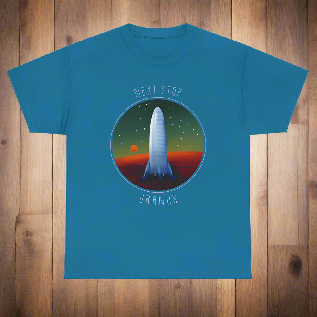 Blue t-shirt with space-themed design featuring a tower and 'Next Stop Uranus' text on a white background