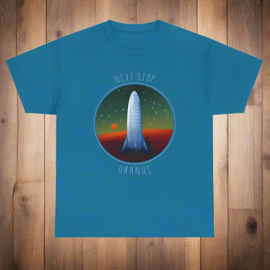 Blue t-shirt with space-themed design featuring a tower and 'Next Stop Uranus' text on a white background
