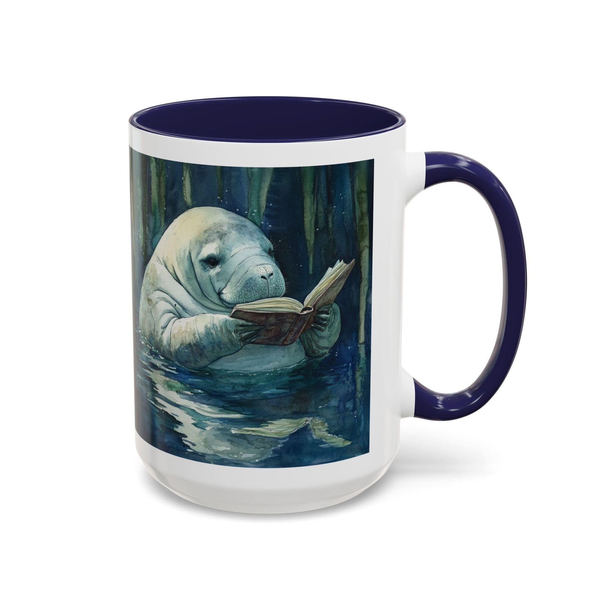 Mug with a manatee reading a book design on a white background