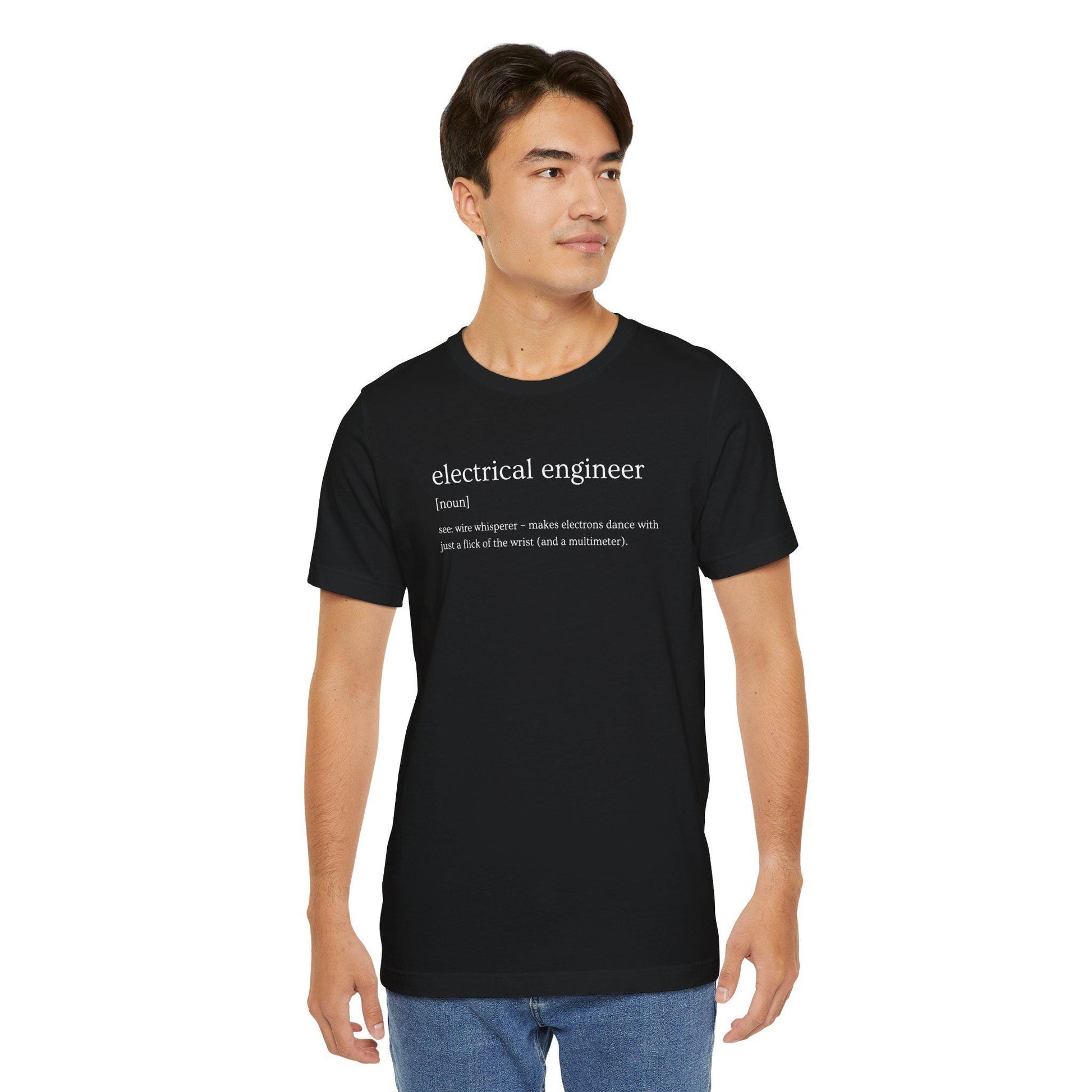 Person wearing a black t-shirt with 'electrical engineer' definition text on a white background