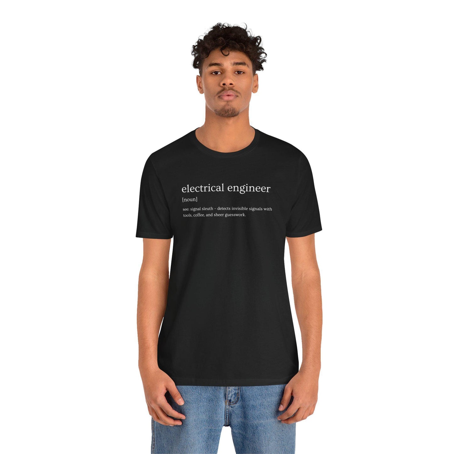 Person wearing a black t-shirt with 'electrical engineer' definition text on a white background