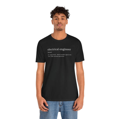 Person wearing a black t-shirt with 'electrical engineer' definition text on a white background