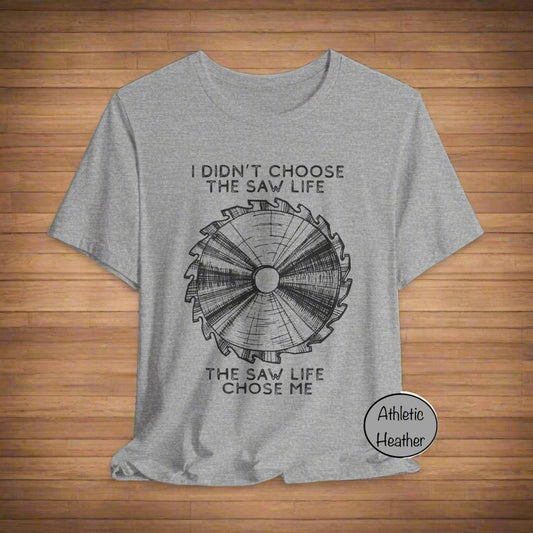Gray t-shirt with sawmill design and text on a white background