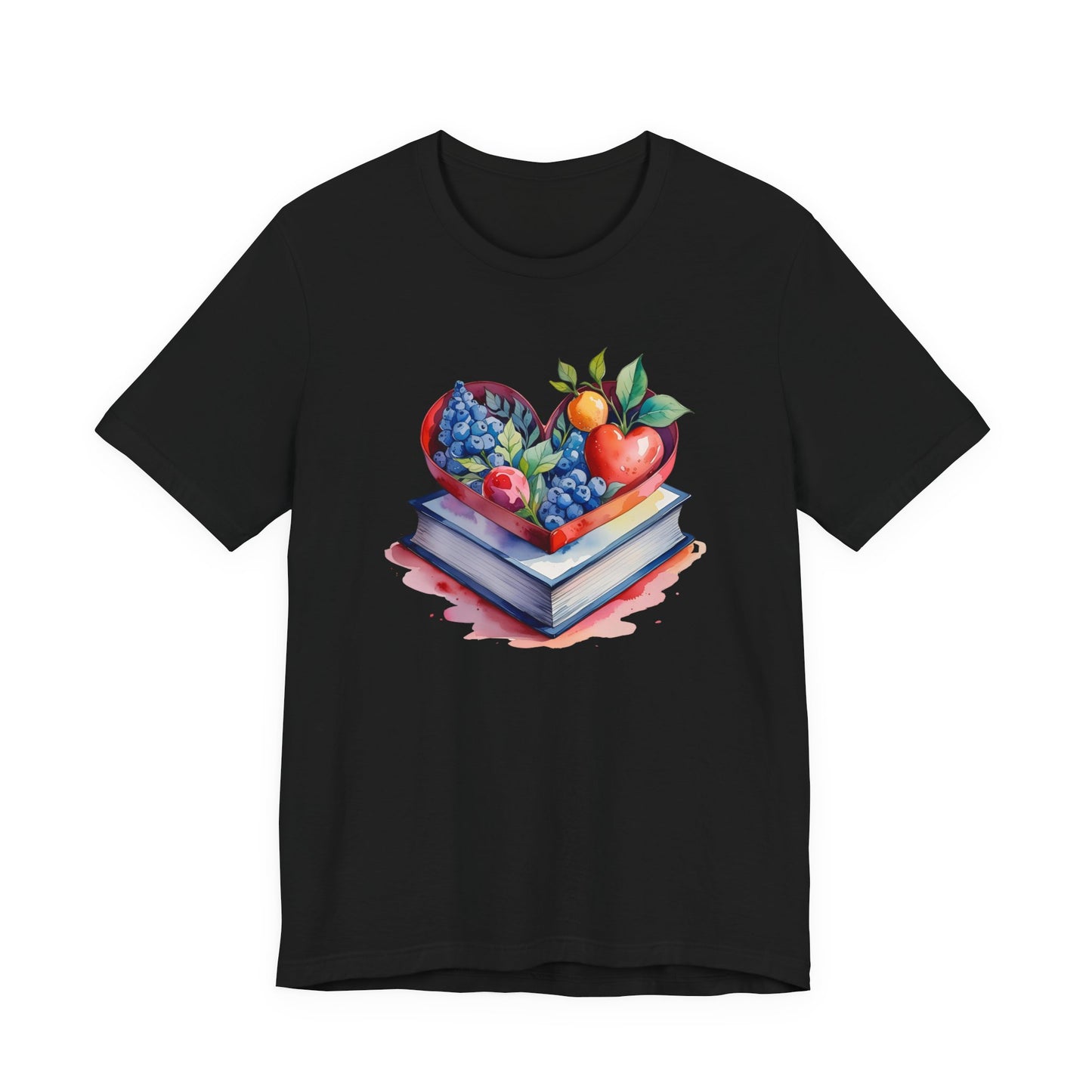 Black t-shirt with a colorful graphic of books and a heart-shaped fruit design on a white background