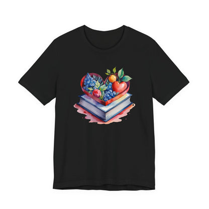 Black t-shirt with a colorful graphic of books and a heart-shaped fruit design on a white background
