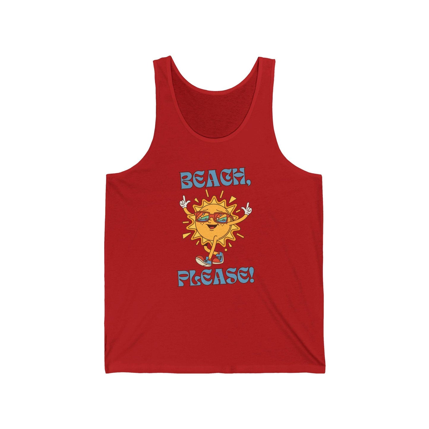 Red tank top with a sun graphic and 'Beach, Please!' text on a white background